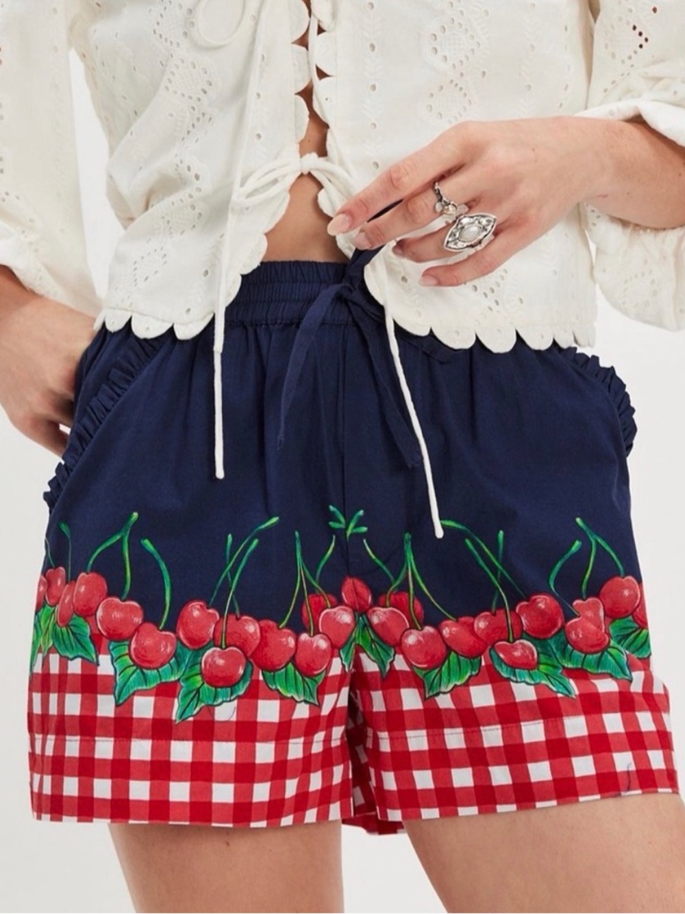 Damson Madder Women’s Navy Cherry Pie Pull-On Shorts with Gingham Trim